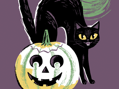 Halloween Still Life - 3 black cat cat for sale halloween illustration jack o lantern moon print pumpkin