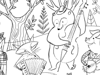 Animal Folk Band Sketch animal band bear character fox frog instrument music pig sketch trees woods