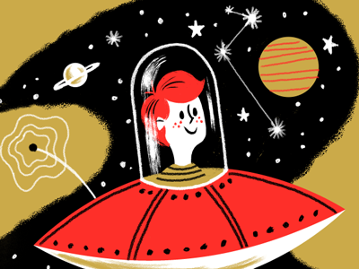 UFO Dribbble boy character galaxy planets redhead retro space spaceship starts ufo