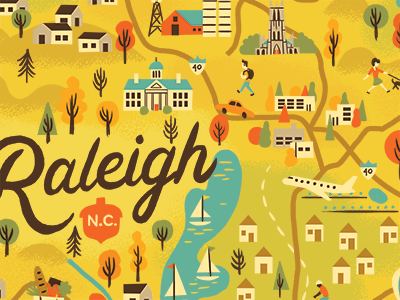 Raleigh Map Progress houses icons illustrated map lakes map north carolina raleigh sail boat trees