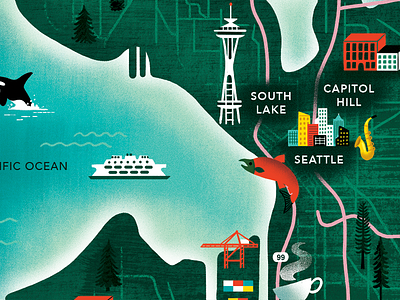 Seattle Map WIP ferry illustration map ocean salmon seattle spaceneedle texture trees washington