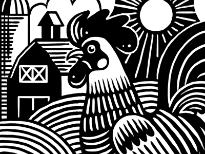 Farm Lines barn farm fields illustration linocut rooster silo sun woodblock