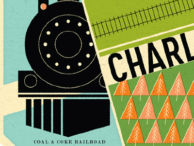 Charleston, WV design illustration luggage label retro tag train trees vintage