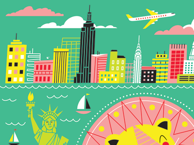 NY Skyline airplane boat buildings city design illustration lion new york poster skyline statue of liberty