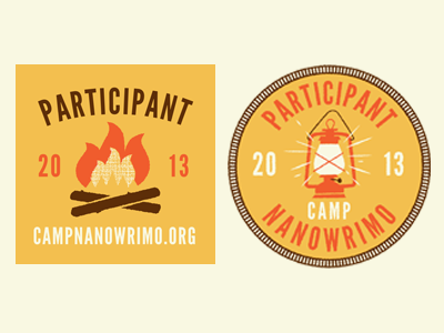 Camp NaNoWriMo Web Badges badge banner camping design fire illustration lantern logo merit badge nanowrimo participant seal web