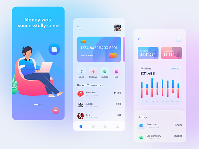 Mobile Banking App activity application bank banking colorful concept credit cards exploration finance app fintect history illustortion interface minimal mobile app money online banking online mobile banking app transaction wallet