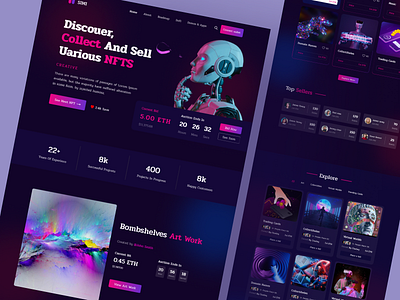 NFT Marketplace Landing Page Design art bitcoin blockchain cryptoart cryptocurrency dark ethereum exploration home page landing page marketplace nft nft collection nft market nft marketplace platform token uiux web design website