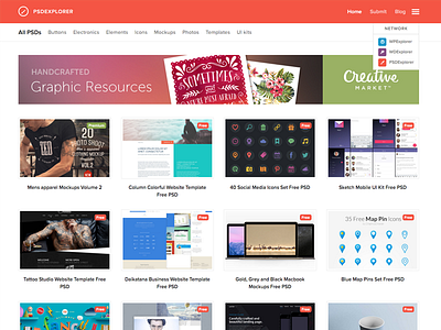 PSDExplorer Design Refresh clean directory freebies grid minimal psds red website