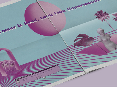 'Vaporwave is Dead, Long Live Vaporwave' Tabloid design error 404 illustration indesign vector
