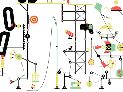 THINGS ARE GETTING OUT OF HAND contraption goldberg machine illustration infograph infographic mouse trap