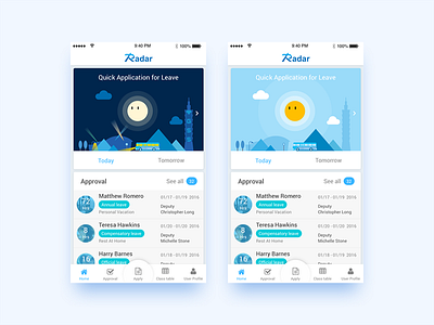 Radar Mobile | Attendance management system app attendance dark day illustration leave mobile night radar sun tab bar widget