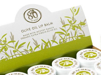 80 Acres of McEvoy Ranch Lipbalm packaging lip balm verde green olives