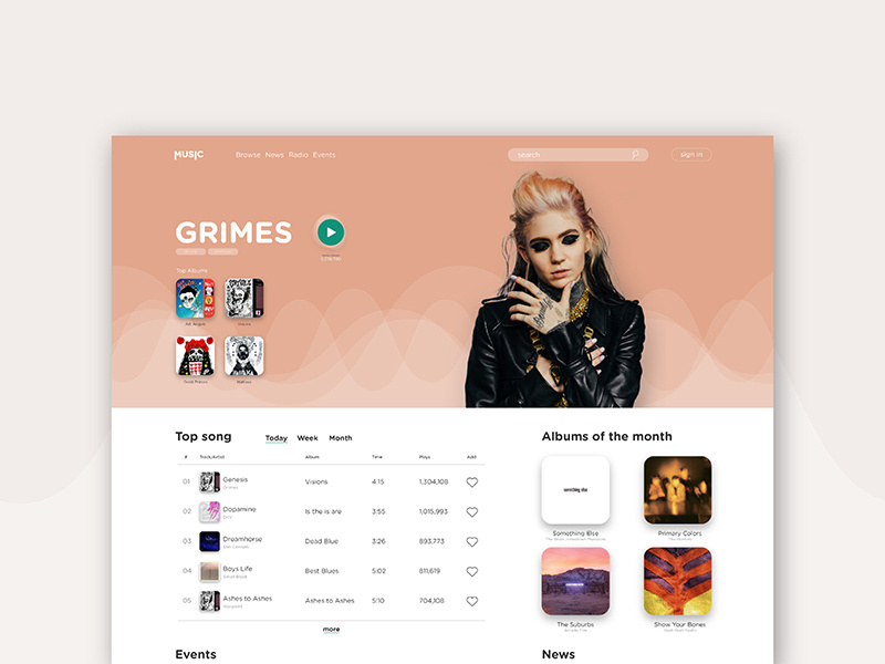 Music Platform - UI Concept home website grimes music ui design concept ui