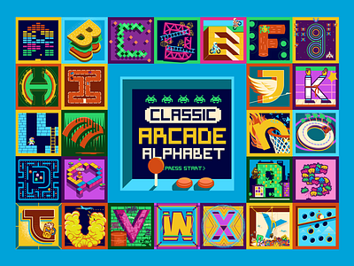 Classic Arcade Alphabet 36daysoftype 80s 90s abcs adobe arcade colorful donkey kong games gaming illustration letterform letterforms letters pac man retro type type art typography vector