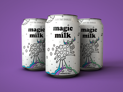 Magic Milk | Dairy That Sparkles! cartoons character cow dairy drink fun illustration label magic milk moon packaging pop soda soda can space sparkles spots warm up warmup