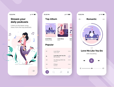 Music Podcast audioapp design illustration mobile ui mobileappdesign music app ui