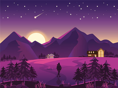 Landscape composition design illustration illustrator landscape mountains night mode purple gradient scenery vector