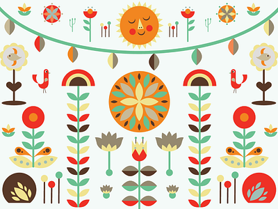 Flowers birds flat flowers icons illustration plants scandinavian summer sun vector