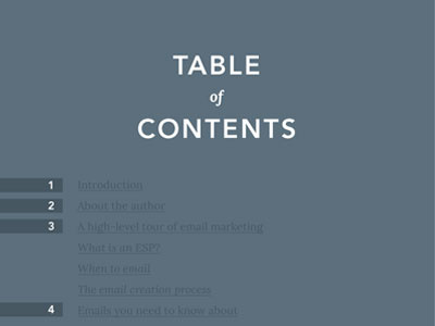 Table of Content blue color ebook gray layout table of contents typography