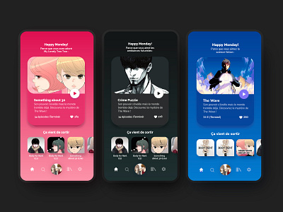 Jump into the webtoons mania! app app design application ui black blue dark design idean interface manga mobile navigation onboarding pink ui user interface webtoons