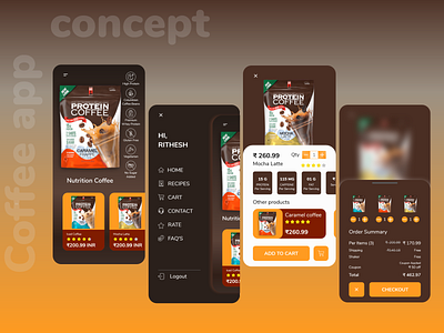 Coffee app coffee coffeeshop color concept inpired mobile mobileapp protein drink trending trendy trendy design uiux