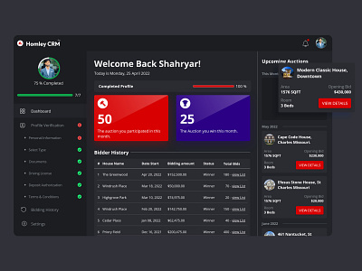 Homley CRM - Property Auction Dashboard - Rich Technologies brand visualization crm crm design dashboard dashboard design design company in pakistan graphic design home auction dashboard illustration layout design property property auction dashboard property aution rich technologies ui ui design ui ux user profile dashboard website design