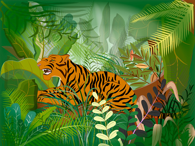 Tiger in the jungle animation art design flat icon illustration illustrator type typography vector