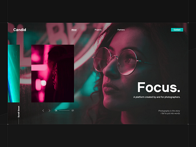 Focus Photography Landing Page clean design grid layout homepage landing page neon photography typography ui ux web website