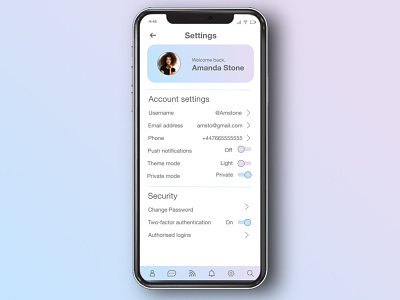 Daily UI :: 007 - Check out #DailyUI - User Profile account settings app settings blue and purple branding daily ui daily ui 007 dailyui dailyuichallenge design minimal design purple and blue security settings settings settings page settings ui social media settings some some settings ui ux