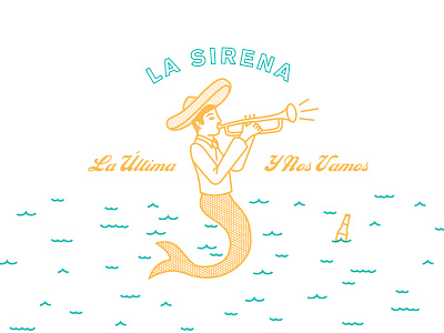 La Sirena beer illustration mariachi mermaid person play on words script sirena spanish water waves