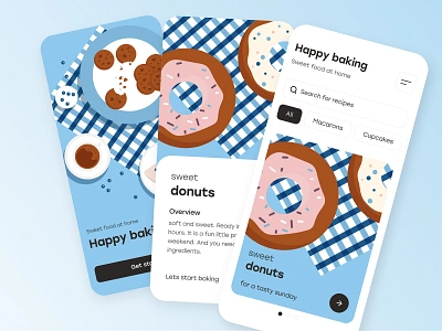 Happy baking user interface bake baking baking app blue illustration cookies cooking app design app donuts flat illustration food app food app design food app ui illustrations illustrationsketch ui uidesign user experience user interface userinterface ux