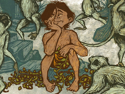 Mowgli book boy illustration jungle monkey story