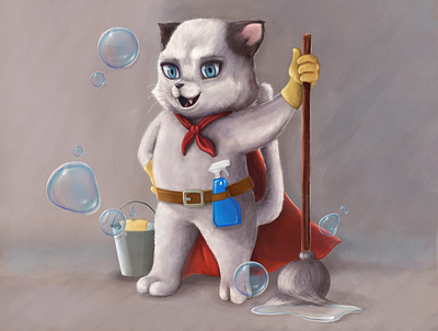 Little Cleaning hero animals animals illustrated cartoon cat character childrens illustration illustration