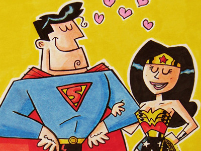 Superman Loves Wonder Woman cartoon comic commission illustration love superhero superman valentines wonder woman