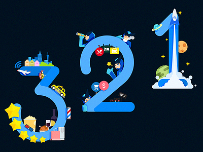 Countdown 1 2 3 airplane blue flat planet rocket shopping star taxi