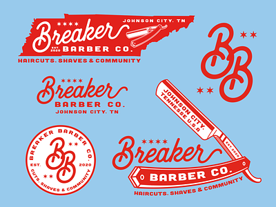 Breaker Barber Co. barber barbershop breaker haircuts letter b letter b logo shaves stars straight blade tennessee