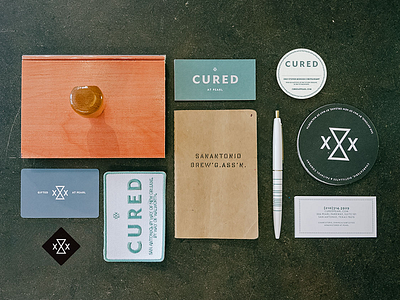 Cured Identity Package business card coasters labels patches pens stamp stickers