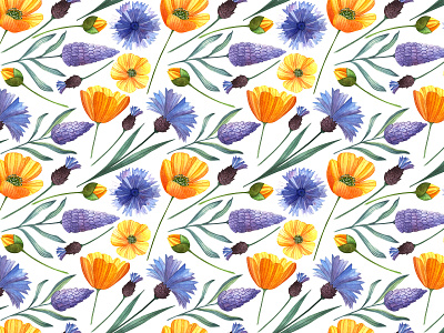 Watercolor patterns of wildflowers art artwork bright graphic design hand painted