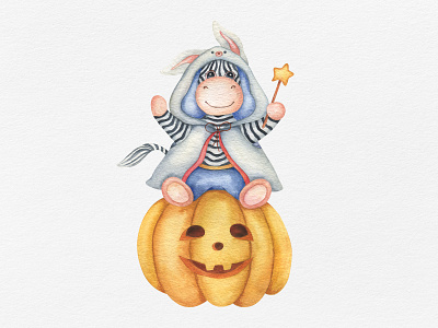 Watercolor illustration of cute Zebra animal art artwork baby baby animal character character design halloween hand painted pumpkin season zebra