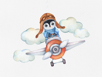Watercolor illustration of cute Penguin airplane character character design cloud cute cute animal flight hand painted penguin sky