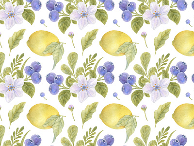 Watercolor spring patterns art artwork berry blueberry fruit hand painted lemon pattern seamless spring