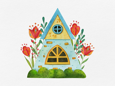 Watercolor fairy tale house art artwork building cute design fairy tale flower hand painted house landscape