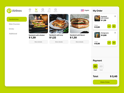 The concept of the module for ordering food in the plane food app food menu ui ui design ux