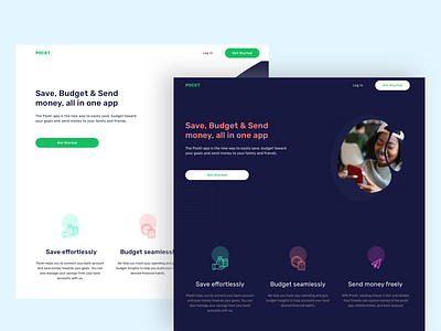 Pockt - Millennial Money fintech app header design header exploration landing page