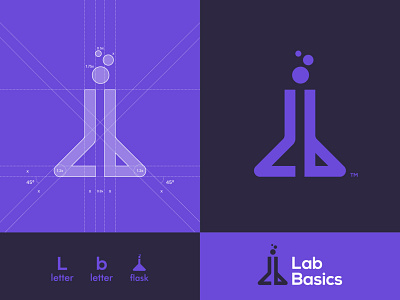 Lab Basics - Logo Design b letter brand identity branding case study creative logos custom logo flask logo grid layout initial logos l letter lab lab logo letter logos lettering logo designer logomark logotype medical logo modern logos purple logo