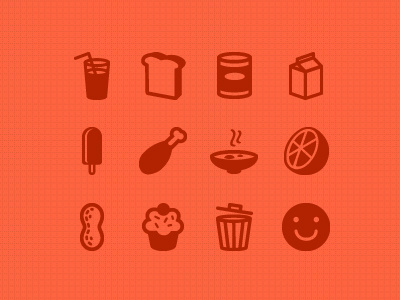 Icons beverage bowl bread canned chicken leg cupcake dairy food happy icon meal meat orange peanut popsicle snack trash web
