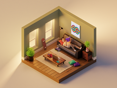 Living room in the morning 3d blender blender 3d character concept illustration isometric isometric illustration morning morning coffee