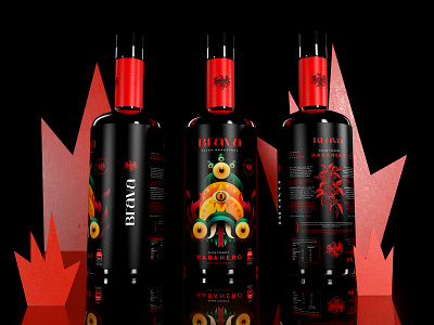 Branding Brava - Hot sauces black bottle bottle bottle design bottle label character character design chili chili sauce habanero hot illustration packaging packaging packaging design peppers suces prehispacnic illustration red hot chili peppers red packagin sauce bottle snake illustration