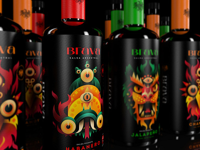 Branding Brava - Hot sauces black black bottle black label bottle bottle label brava character illustration chili chili pepper fire hot hot suce illustration illustration pack illustration packaging label illustration labeldesign mexico packaging red hot chili peppers