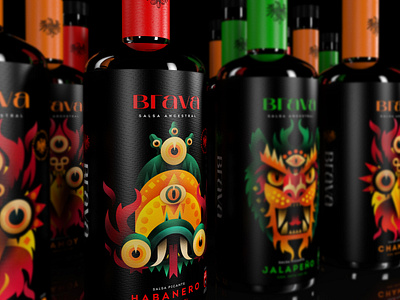 Branding Brava - Hot sauces black black bottle black label bottle bottle label brava character illustration chili chili pepper fire hot hot suce illustration illustration pack illustration packaging label illustration labeldesign mexico packaging red hot chili peppers